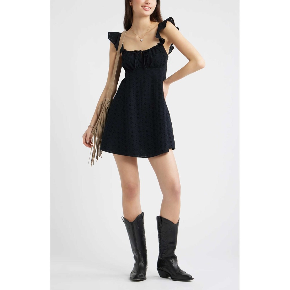 BP. Cotton Eyelet Flutter Sleeve Mini Dress Black XS Romantic Dark Coquette